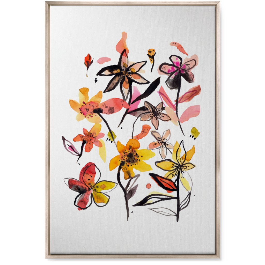Ink Summer Floral - Pink and Yellow Wall Art, Metallic, Single piece, Canvas, 24x36, Pink