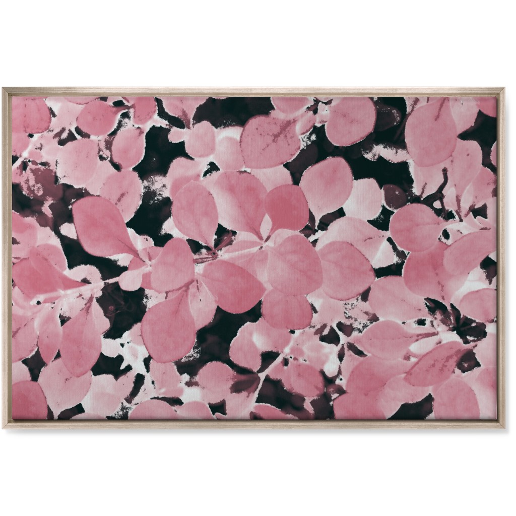 Plum Leaves - Pink on Black Wall Art, Metallic, Single piece, Canvas, 24x36, Pink