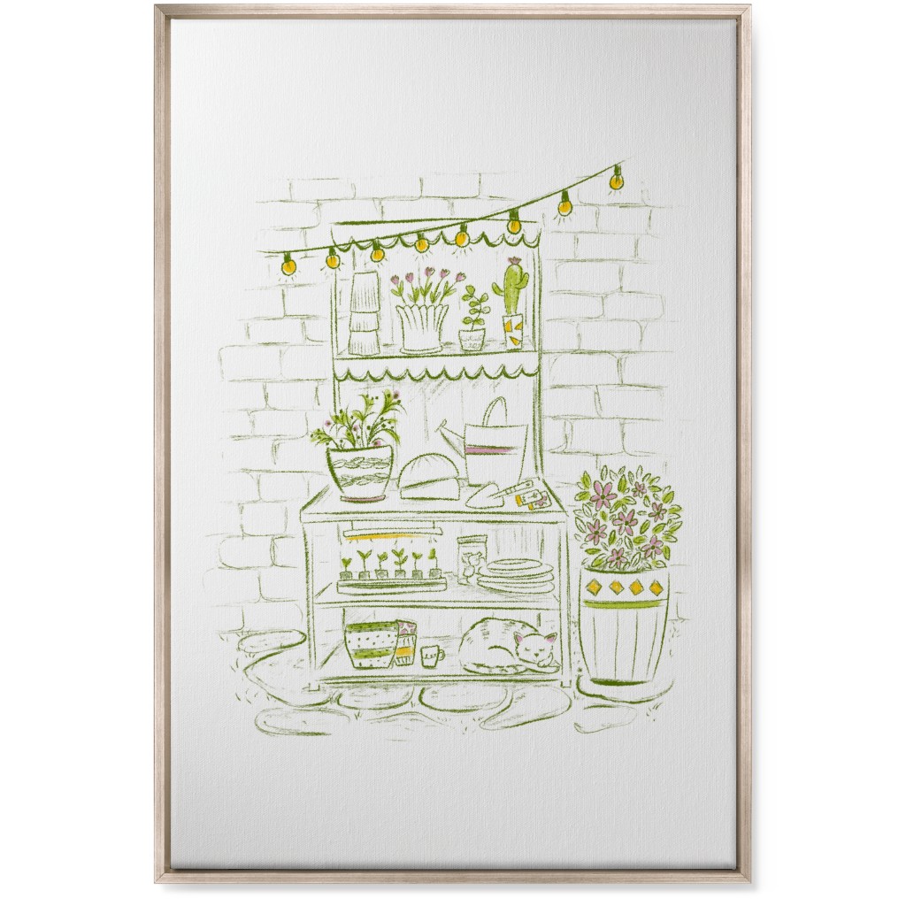 the Cat Nap Potting Stand - Green Wall Art, Metallic, Single piece, Canvas, 24x36, Green, Classic Green