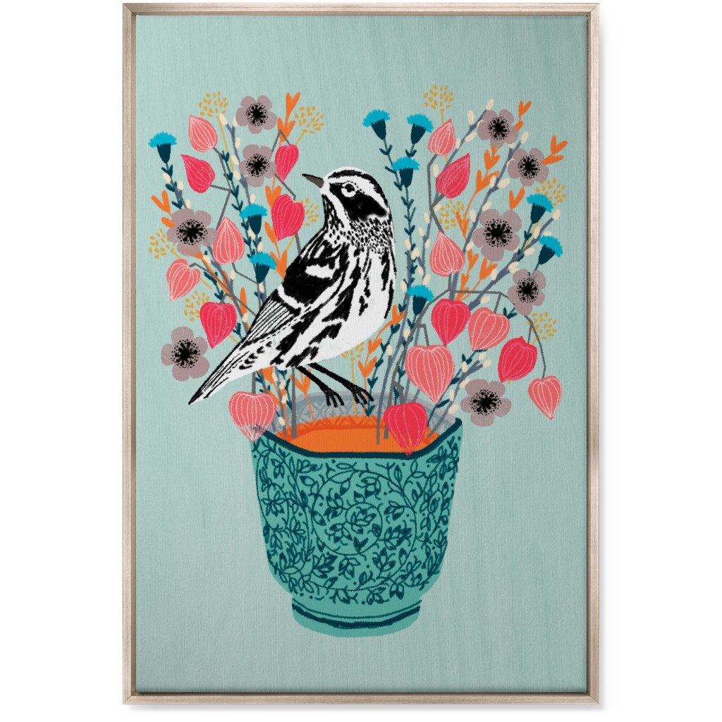 Warbler Bird - Black & White on Blue Flower Pot Wall Art, Metallic, Single piece, Canvas, 24x36, Multicolor