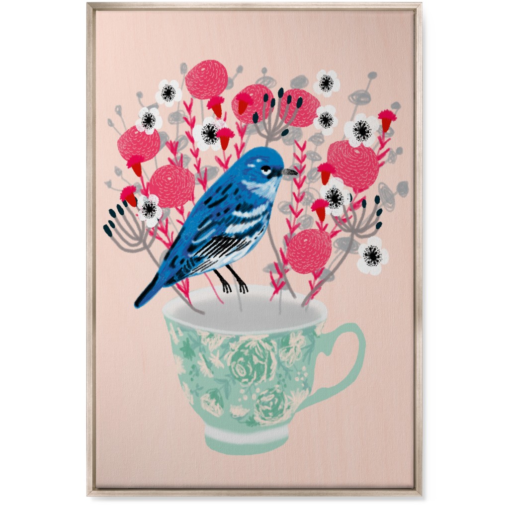 Blue Bird on Teacup Bouquet Wall Art, Metallic, Single piece, Canvas, 24x36, Multicolor