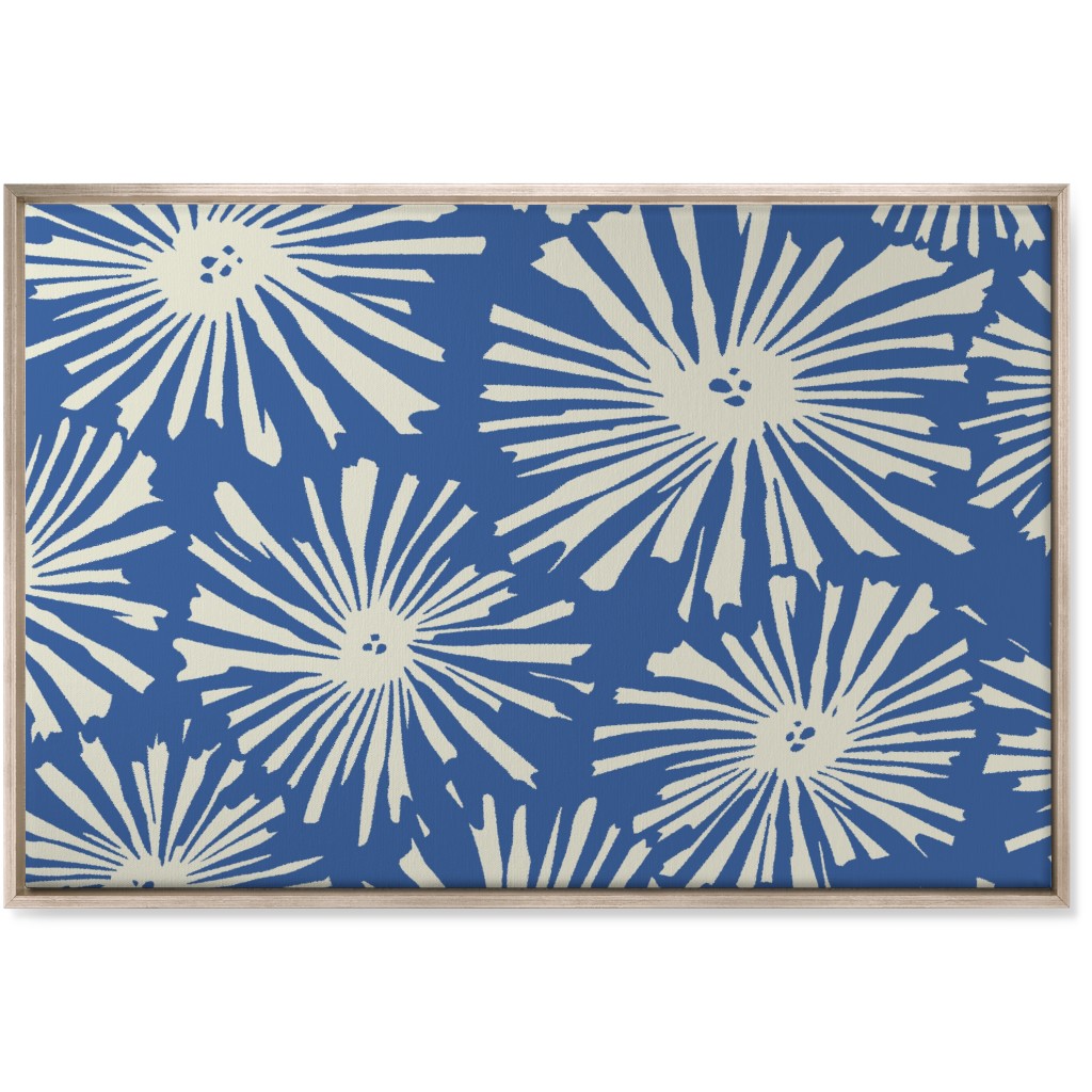 Cactus Blooms - Cream on Blue Wall Art, Metallic, Single piece, Canvas, 24x36, Blue