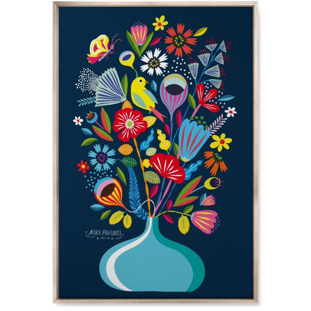 Folk Art Bouquet - Multi on Navy Wall Art, Metallic, Single piece, Canvas, 24x36, Multicolor