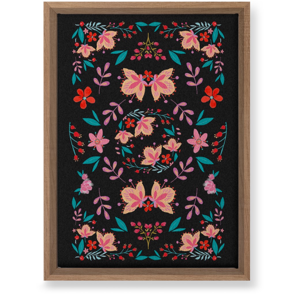 Pink Flora Folk Art on Black Wall Art, Natural, Single piece, Canvas, 10x14, Multicolor