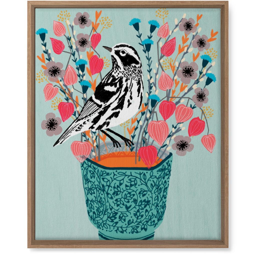 Warbler Bird - Black & White on Blue Flower Pot Wall Art, Natural, Single piece, Canvas, 16x20, Multicolor