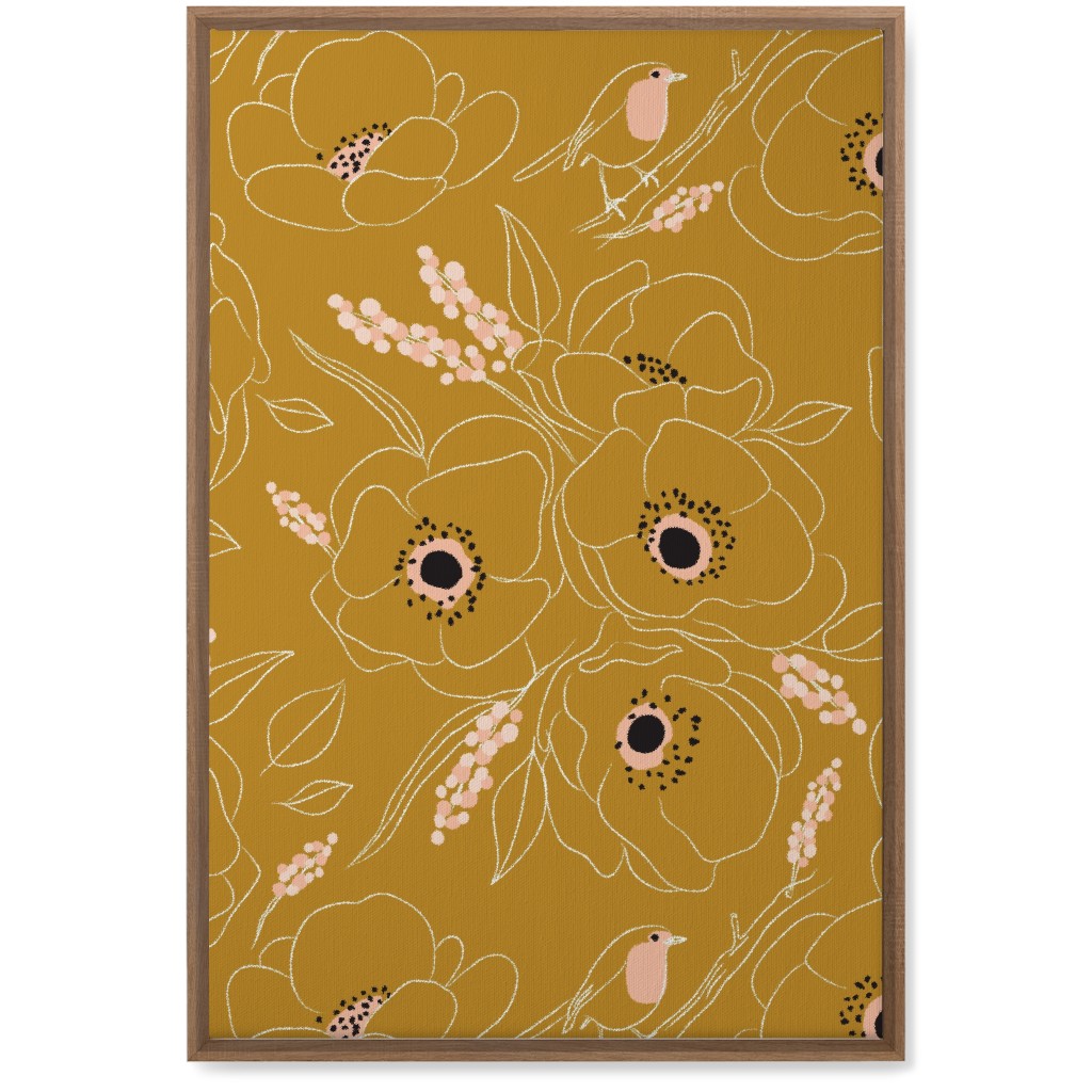 Freehand Robin & Winter Blooms - Gold Wall Art, Natural, Single piece, Canvas, 20x30, Yellow, Classic Yellow