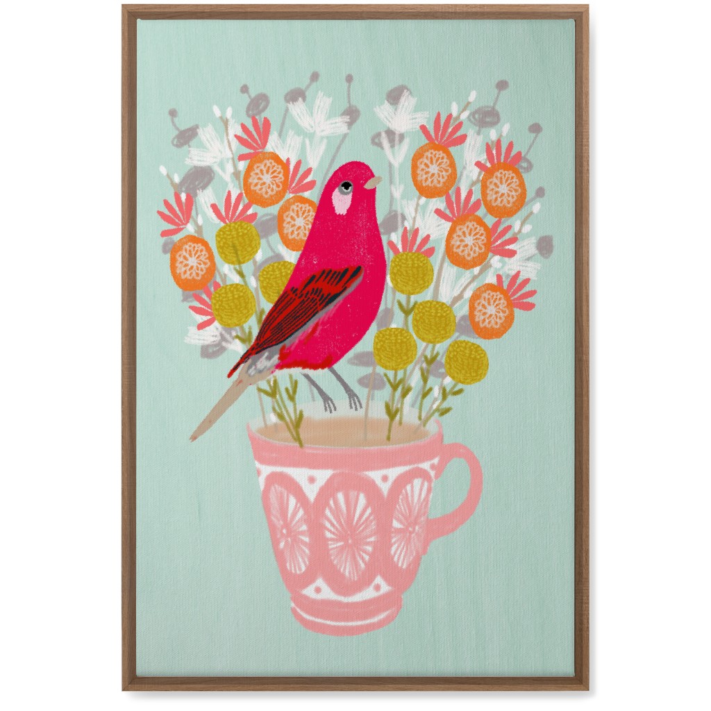 Red Bird on Teacup Bouquet Wall Art, Natural, Single piece, Canvas, 20x30, Multicolor