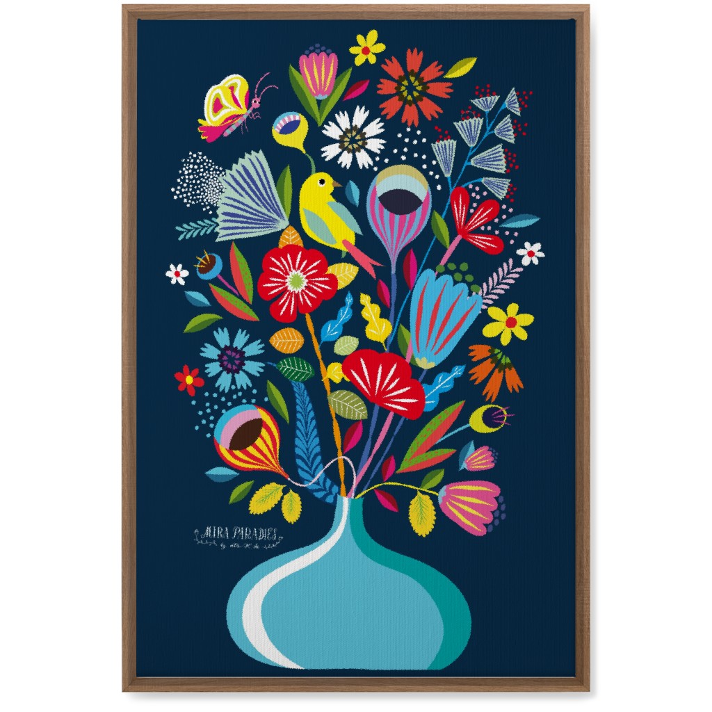 Folk Art Bouquet - Multi on Navy Wall Art, Natural, Single piece, Canvas, 20x30, Multicolor
