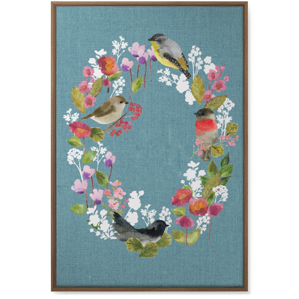 Winter Birds in the Garden Wreath - Blue Wall Art, Natural, Single piece, Canvas, 24x36, Blue, True Blue