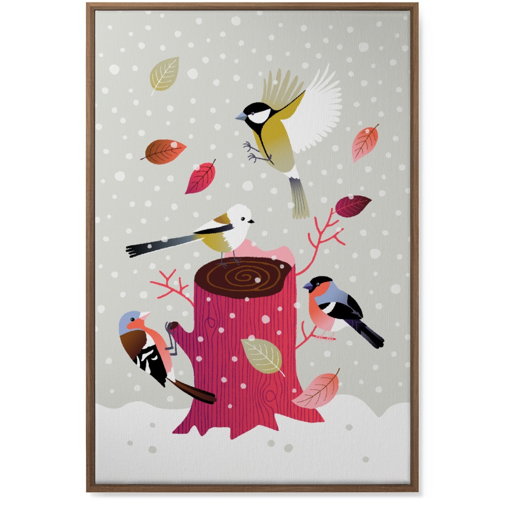 Winter Birds on Tree Stump - Red & Gray Wall Art, Natural, Single piece, Canvas, 24x36, Multicolor