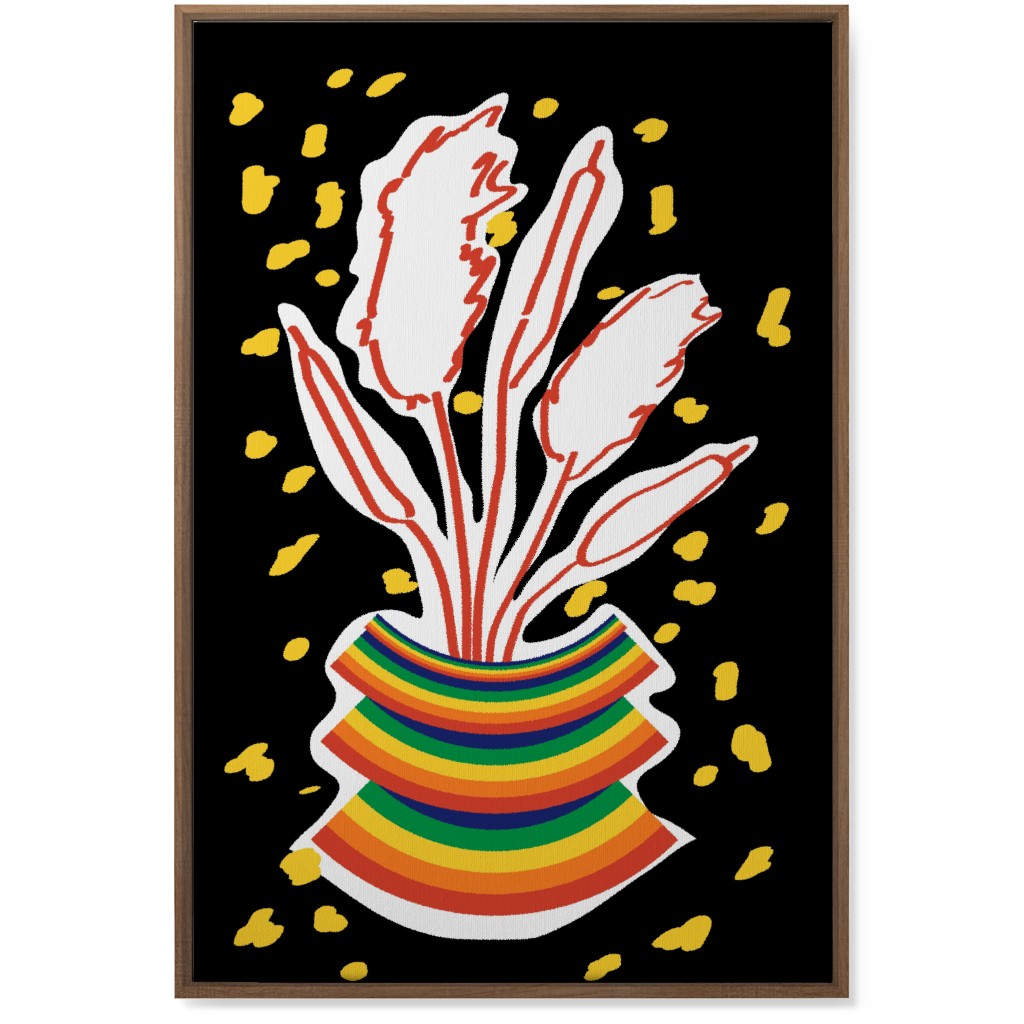 Retro Rainbow Abstract Floral in Vase - Multi on Black Wall Art, Natural, Single piece, Canvas, 24x36, Multicolor