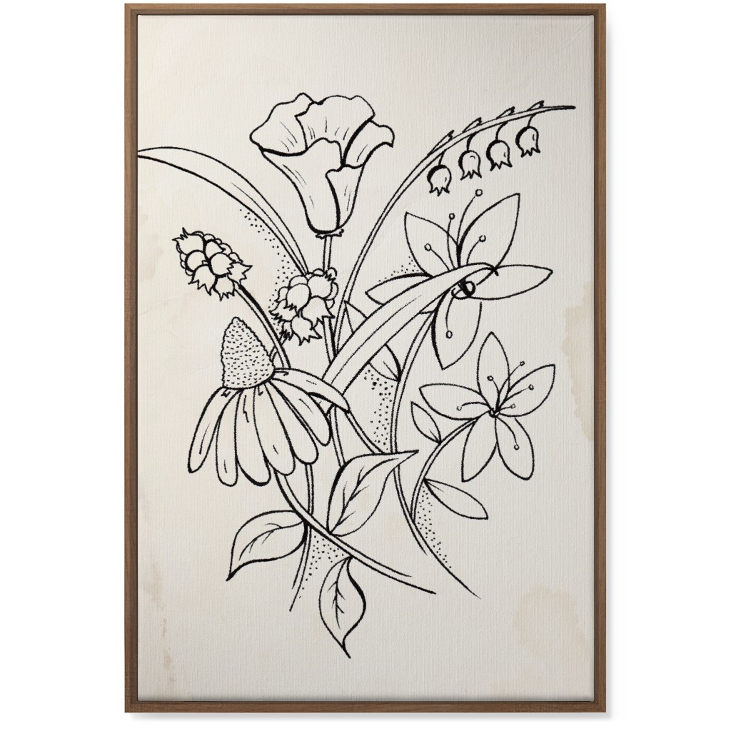 Vintage Wildflower Sketch - Beige and Black Wall Art, Natural, Single piece, Canvas, 24x36, Beige