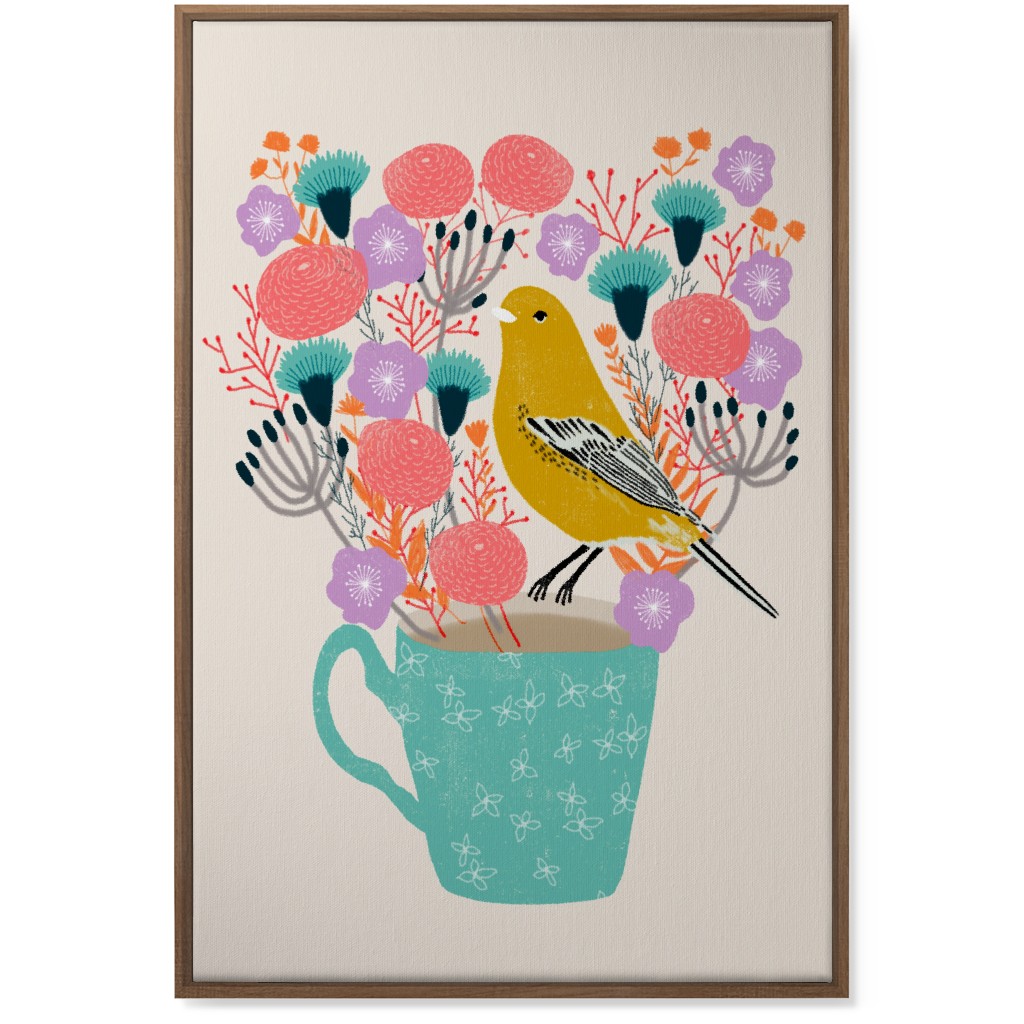 Yellow Bird on Teacup Bouquet Wall Art, Natural, Single piece, Canvas, 24x36, Multicolor