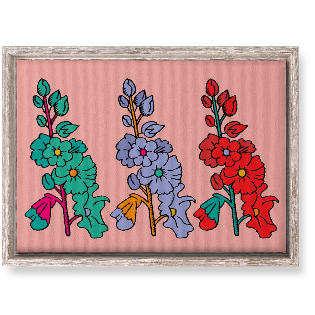 Row of Colorful Hollyhocks - Multi on Pink Wall Art, Rustic, Single piece, Canvas, 10x14, Multicolor
