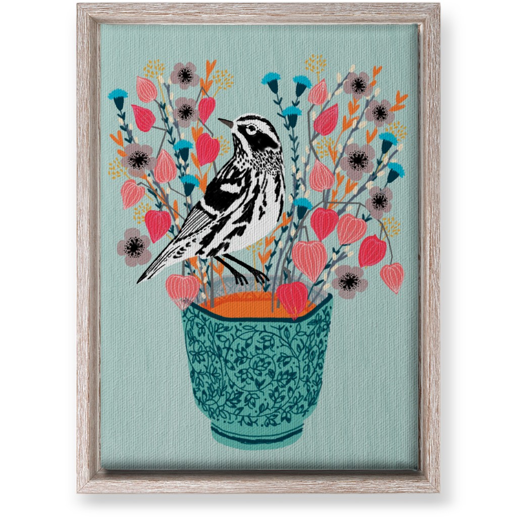 Warbler Bird - Black & White on Blue Flower Pot Wall Art, Rustic, Single piece, Canvas, 10x14, Multicolor