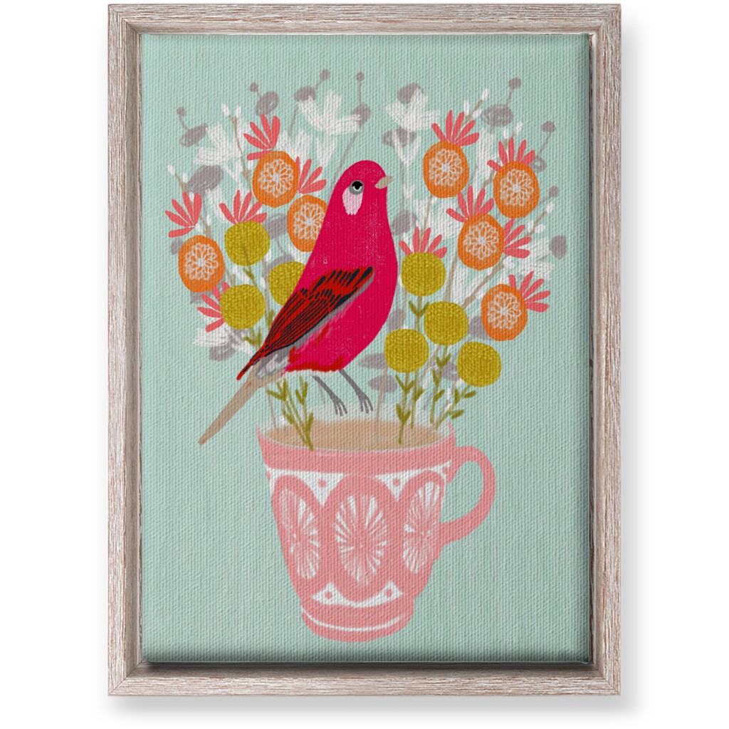 Red Bird on Teacup Bouquet Wall Art, Rustic, Single piece, Canvas, 10x14, Multicolor