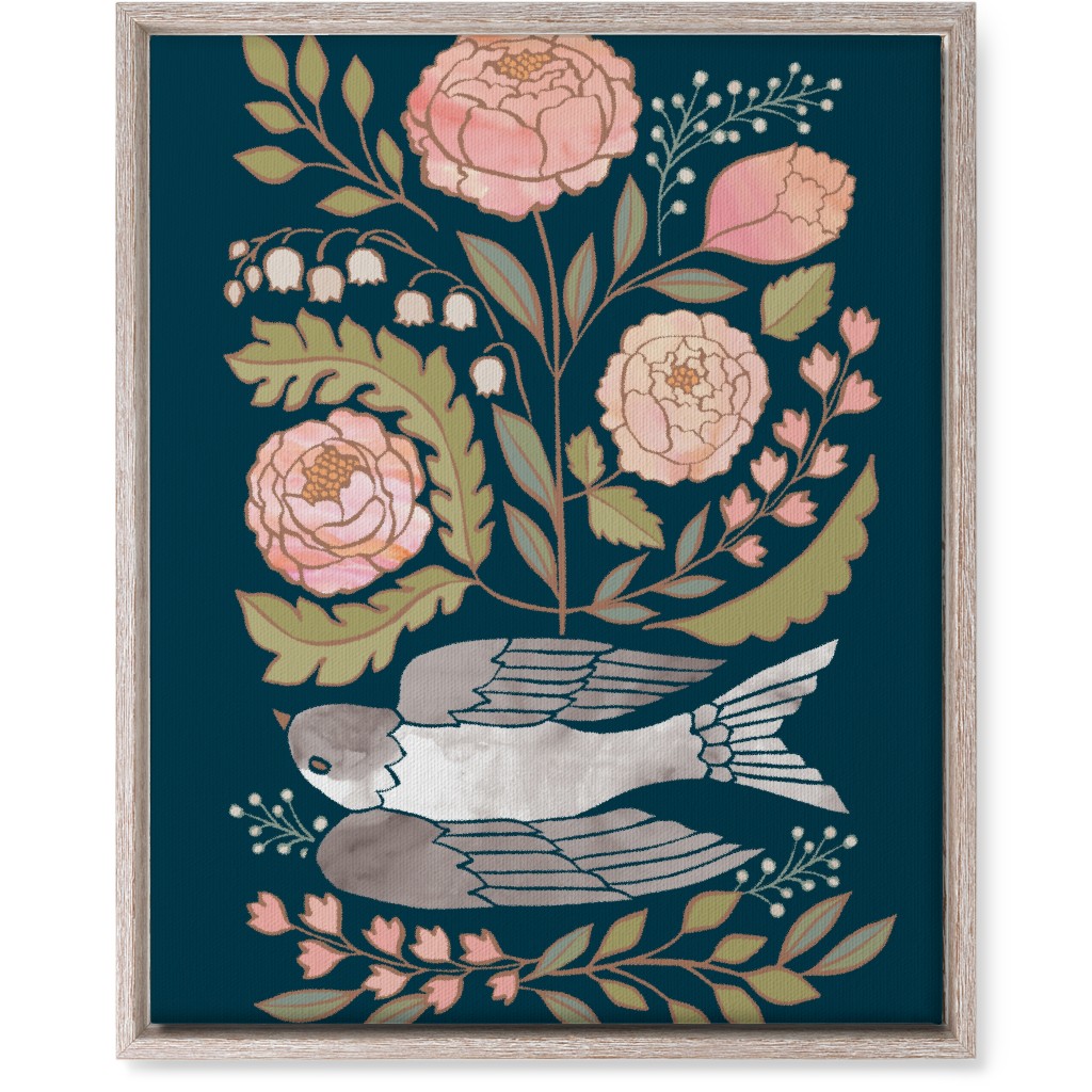 Bloom - Dove & Pink Peonies on Blue Wall Art, Rustic, Single piece, Canvas, 16x20, Multicolor