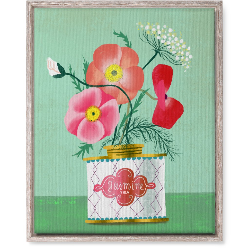 Poppies in Jasmine Tea Tin Wall Art, Rustic, Single piece, Canvas, 16x20, Green, Classic Green