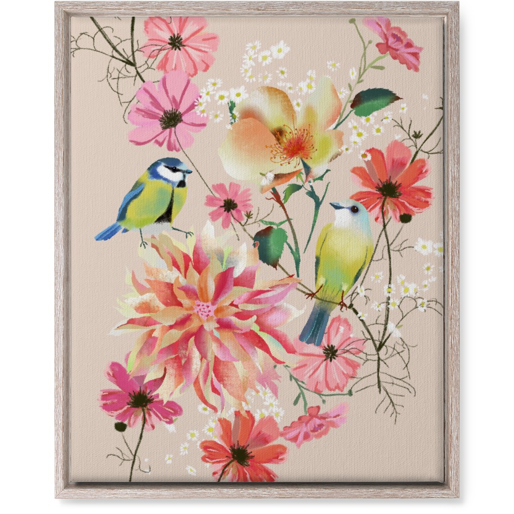 Birds With Dahlias and Cosmea Wall Art, Rustic, Single piece, Canvas, 16x20, Pink