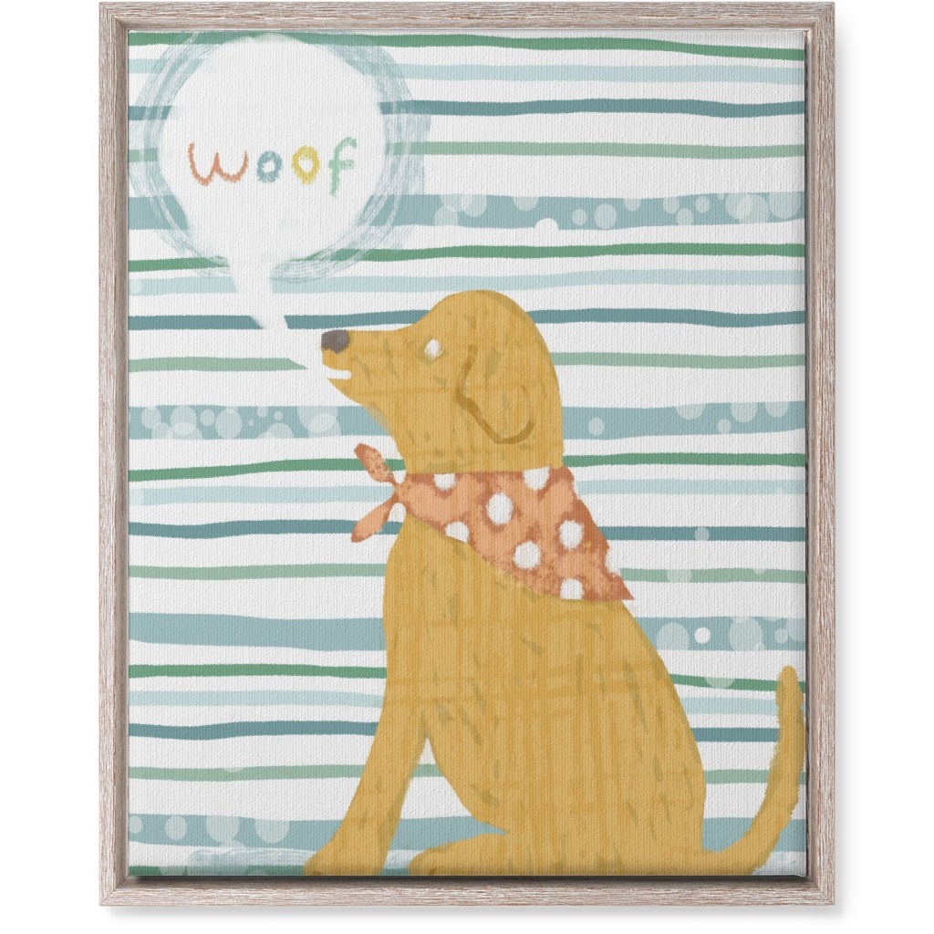 Woof, Dog - Yellow and Blue Wall Art, Rustic, Single piece, Canvas, 16x20, Blue