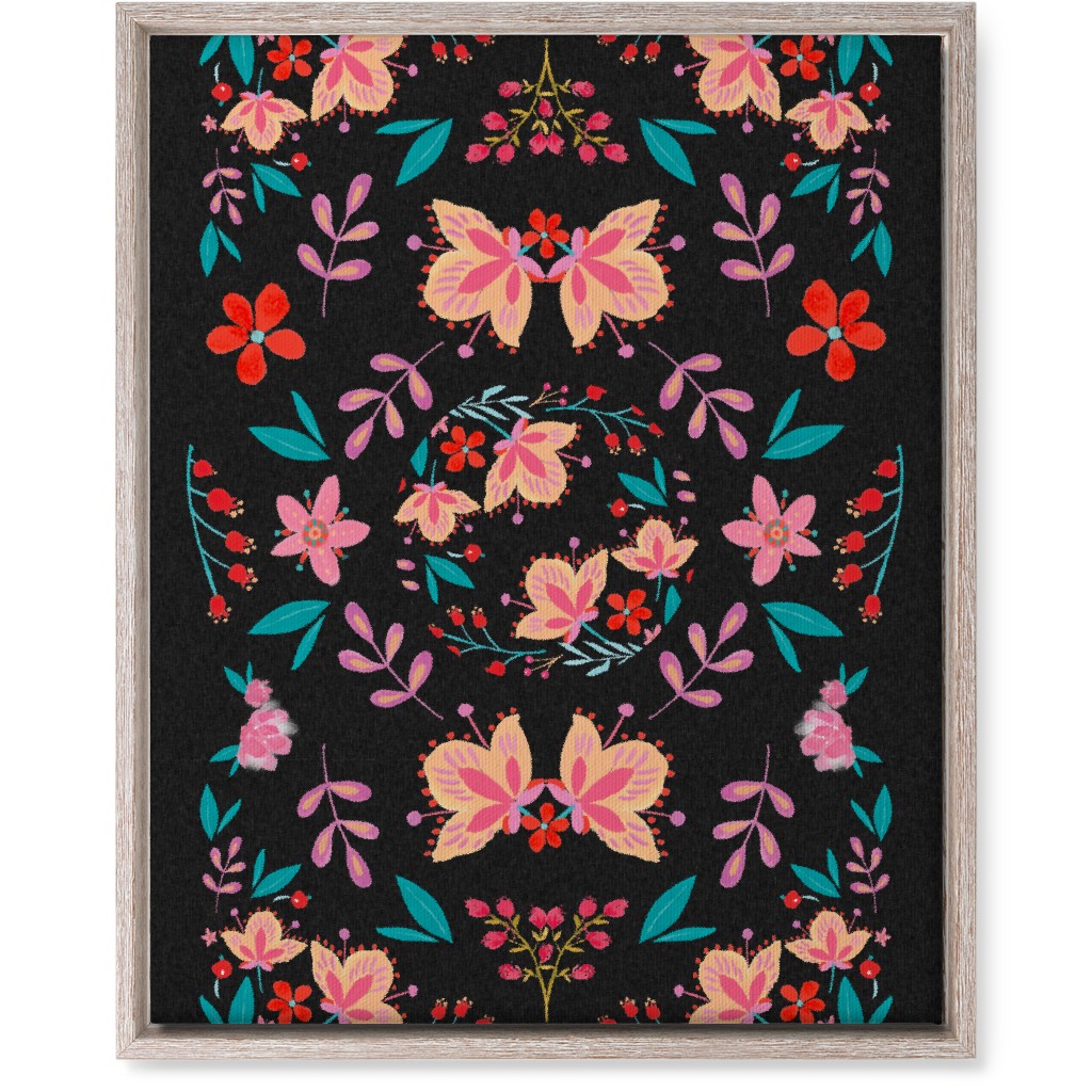 Pink Flora Folk Art on Black Wall Art, Rustic, Single piece, Canvas, 16x20, Multicolor