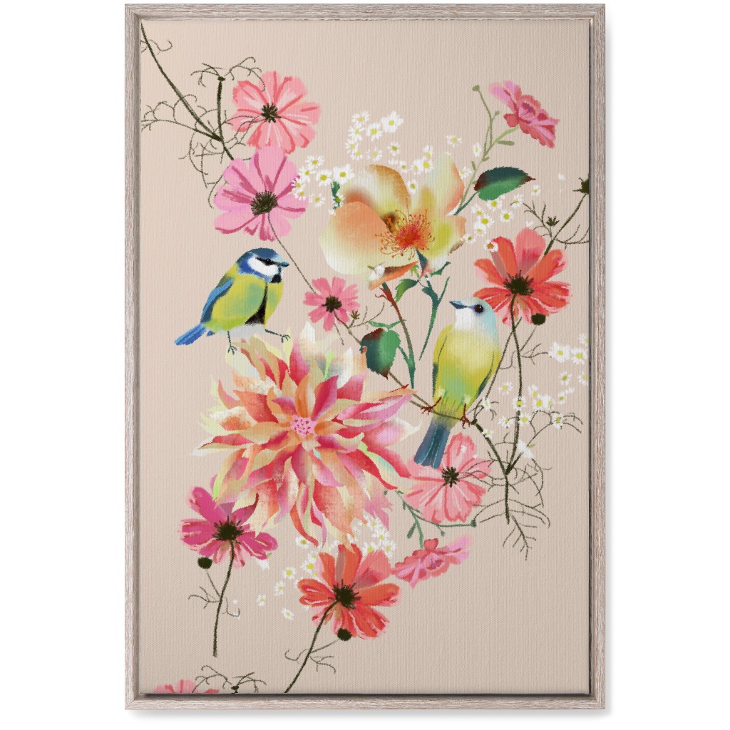 Birds With Dahlias and Cosmea Wall Art, Rustic, Single piece, Canvas, 20x30, Pink