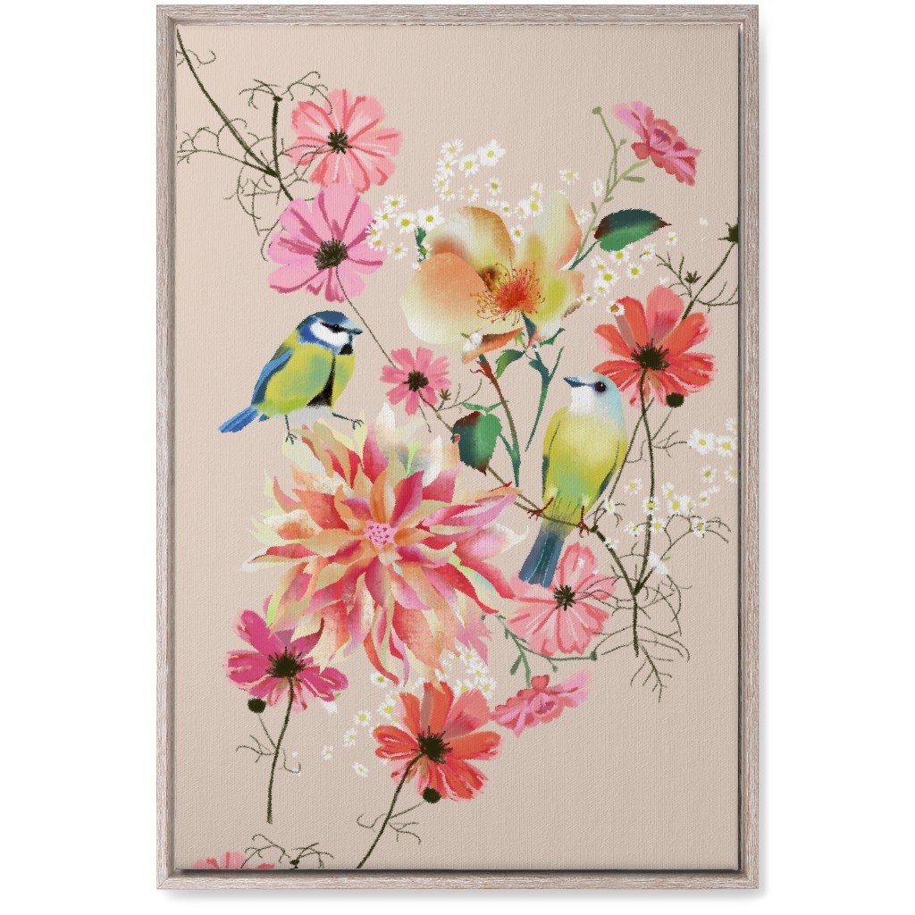 Birds With Dahlias and Cosmea Wall Art, Rustic, Single piece, Canvas, 20x30, Pink, Bright Pink