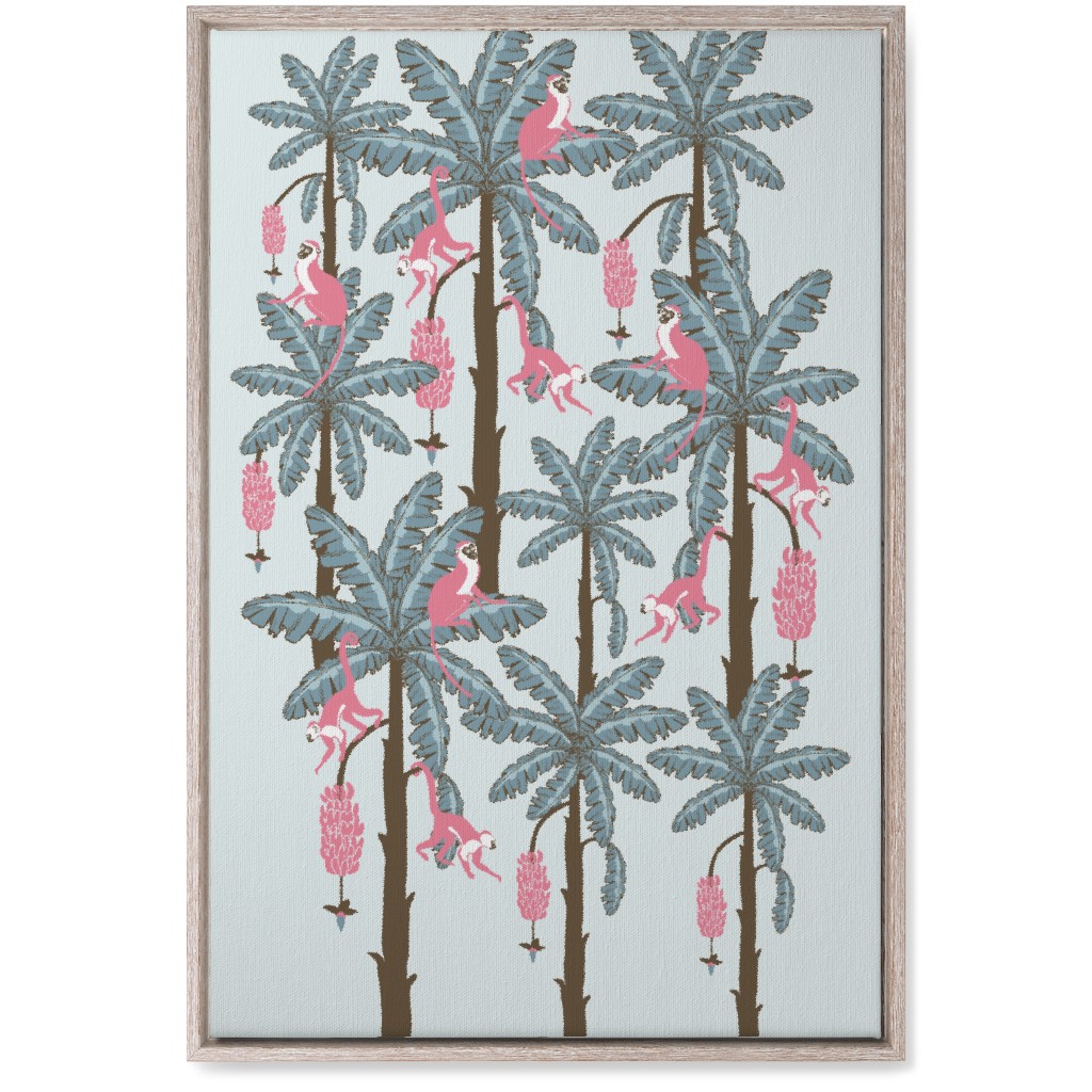 Monkey and Banana Trees - Blue and Pink Wall Art, Rustic, Single piece, Canvas, 20x30, Blue