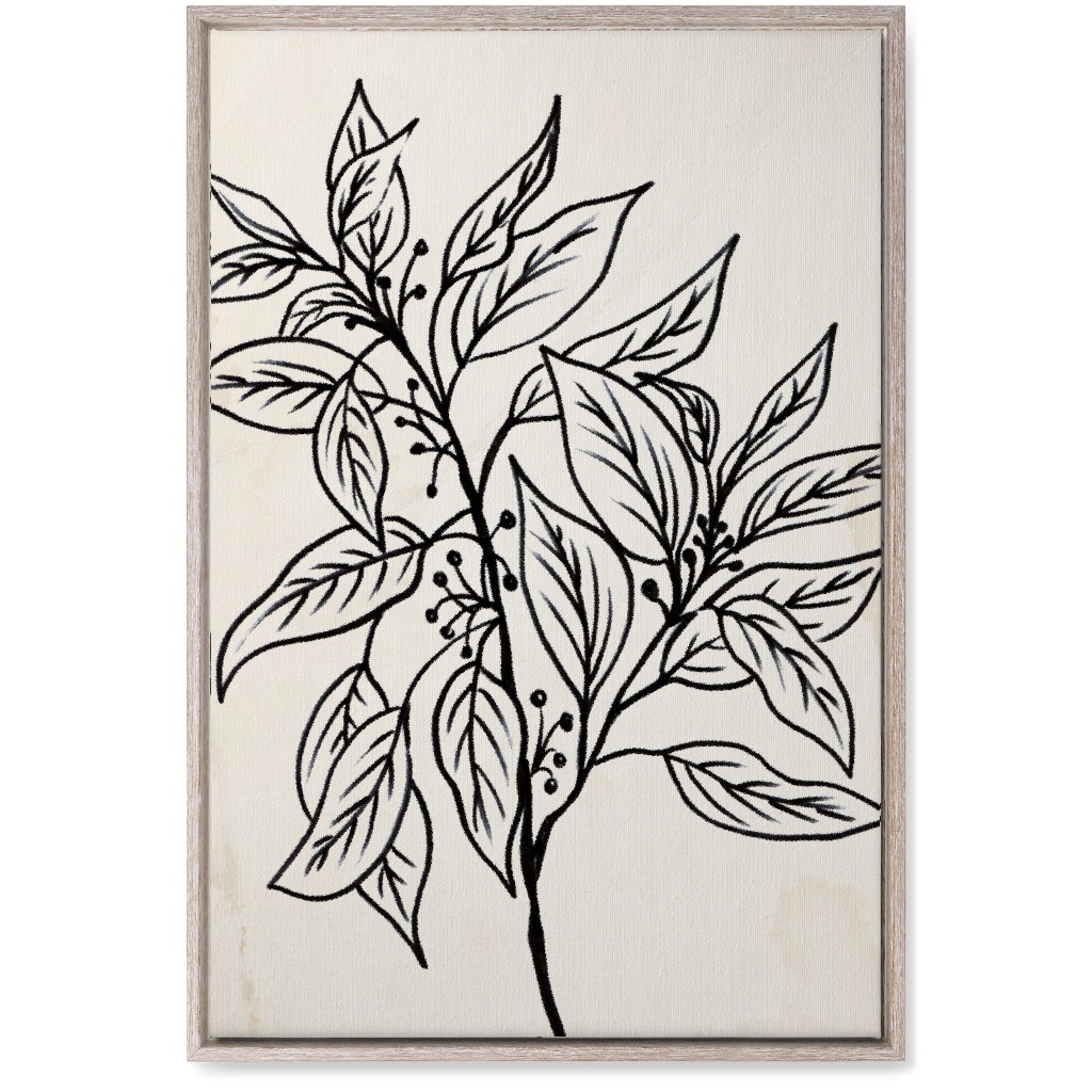 Vintage Branch With Leaves Sketch - Beige and Black Wall Art, Rustic, Single piece, Canvas, 20x30, Beige, Pearl