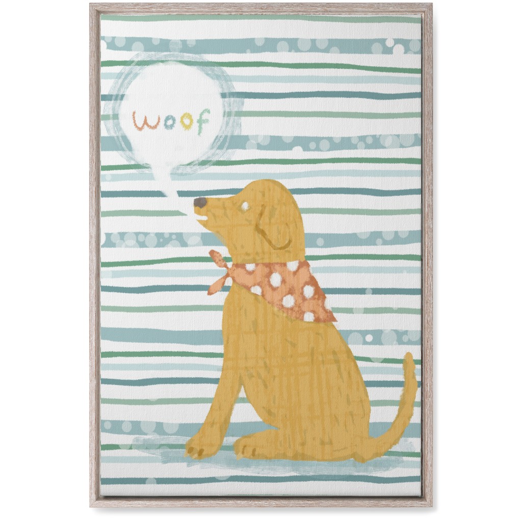 Woof, Dog - Yellow and Blue Wall Art, Rustic, Single piece, Canvas, 20x30, Blue