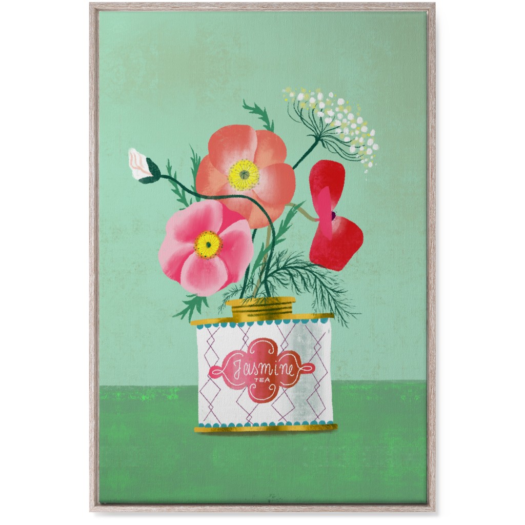 Poppies in Jasmine Tea Tin Wall Art, Rustic, Single piece, Canvas, 24x36, Green