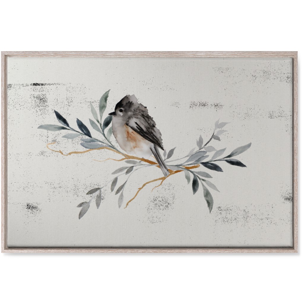 Winter Bird on Branch - Blue Wall Art, Rustic, Single piece, Canvas, 24x36, Gray