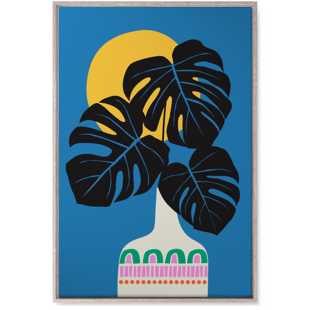 Monstera Leaves in a Vase - Blue Wall Art, Rustic, Single piece, Canvas, 24x36, Blue