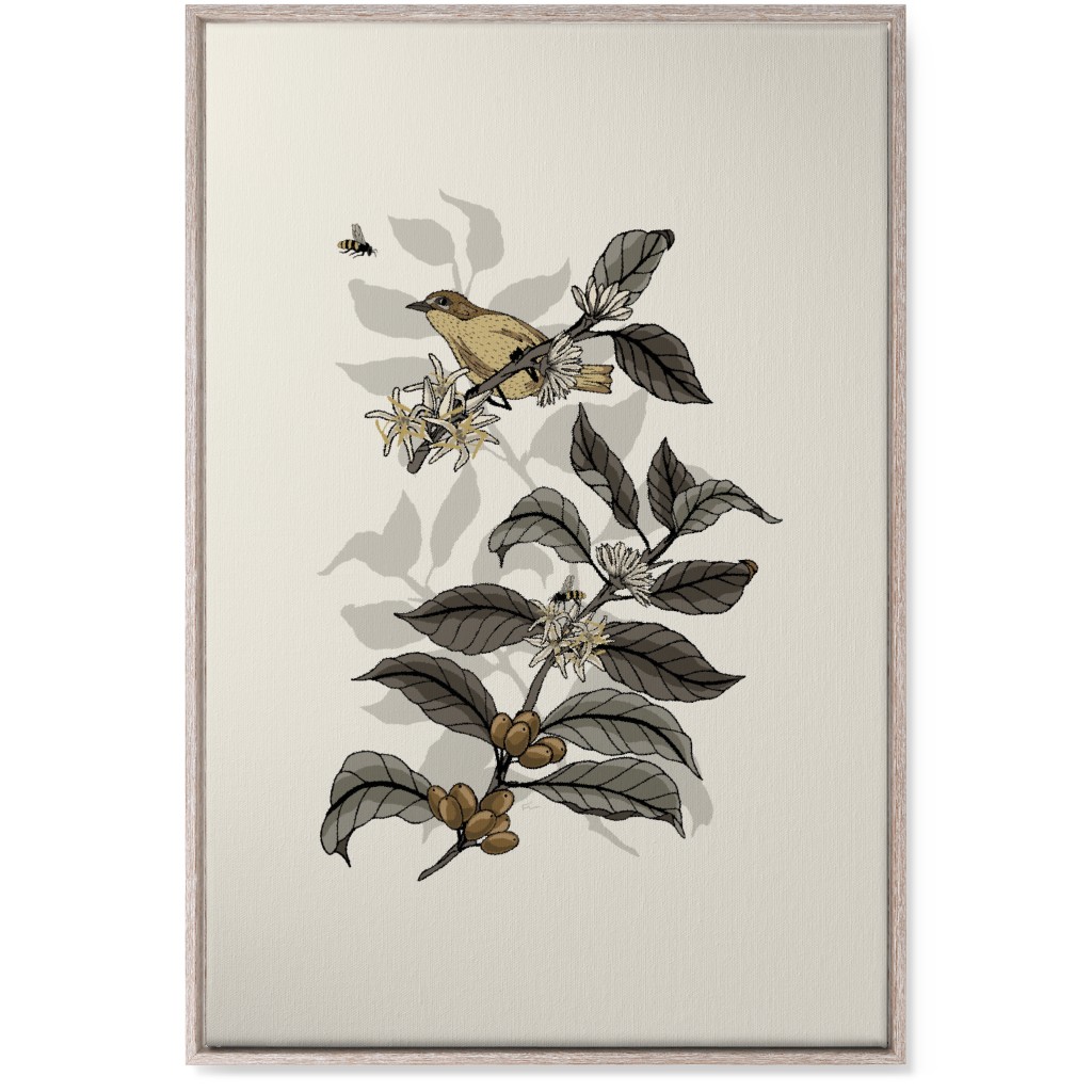 Coffee Plant, Bird, and Bee - Neutral Wall Art, Rustic, Single piece, Canvas, 24x36, Beige, Pearl