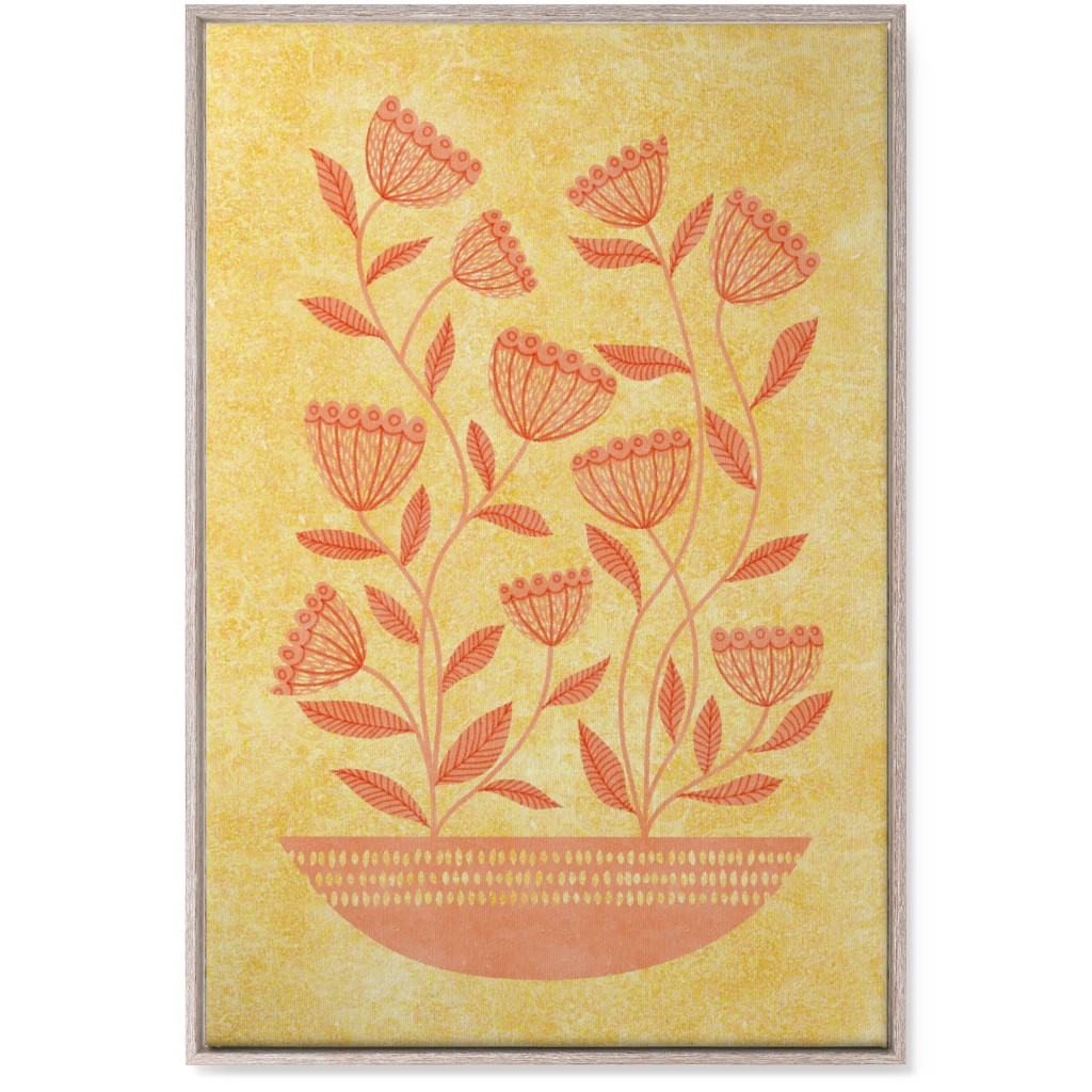 Mid Century Modern Orange Floral on Yellow Wall Art, Rustic, Single piece, Canvas, 24x36, Orange