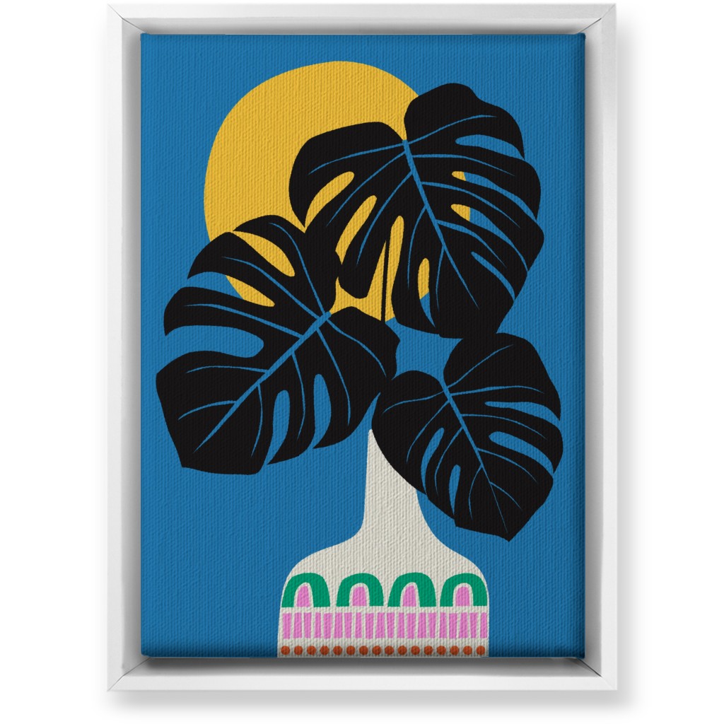 Monstera Leaves in a Vase - Blue Wall Art, White, Single piece, Canvas, 10x14, Blue