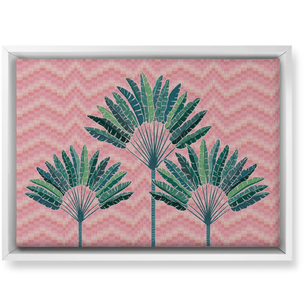 Palms on Wave Grid - Pink Wall Art, White, Single piece, Canvas, 10x14, Pink, Bright Pink