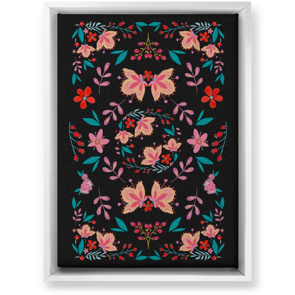 Pink Flora Folk Art on Black Wall Art, White, Single piece, Canvas, 10x14, Multicolor