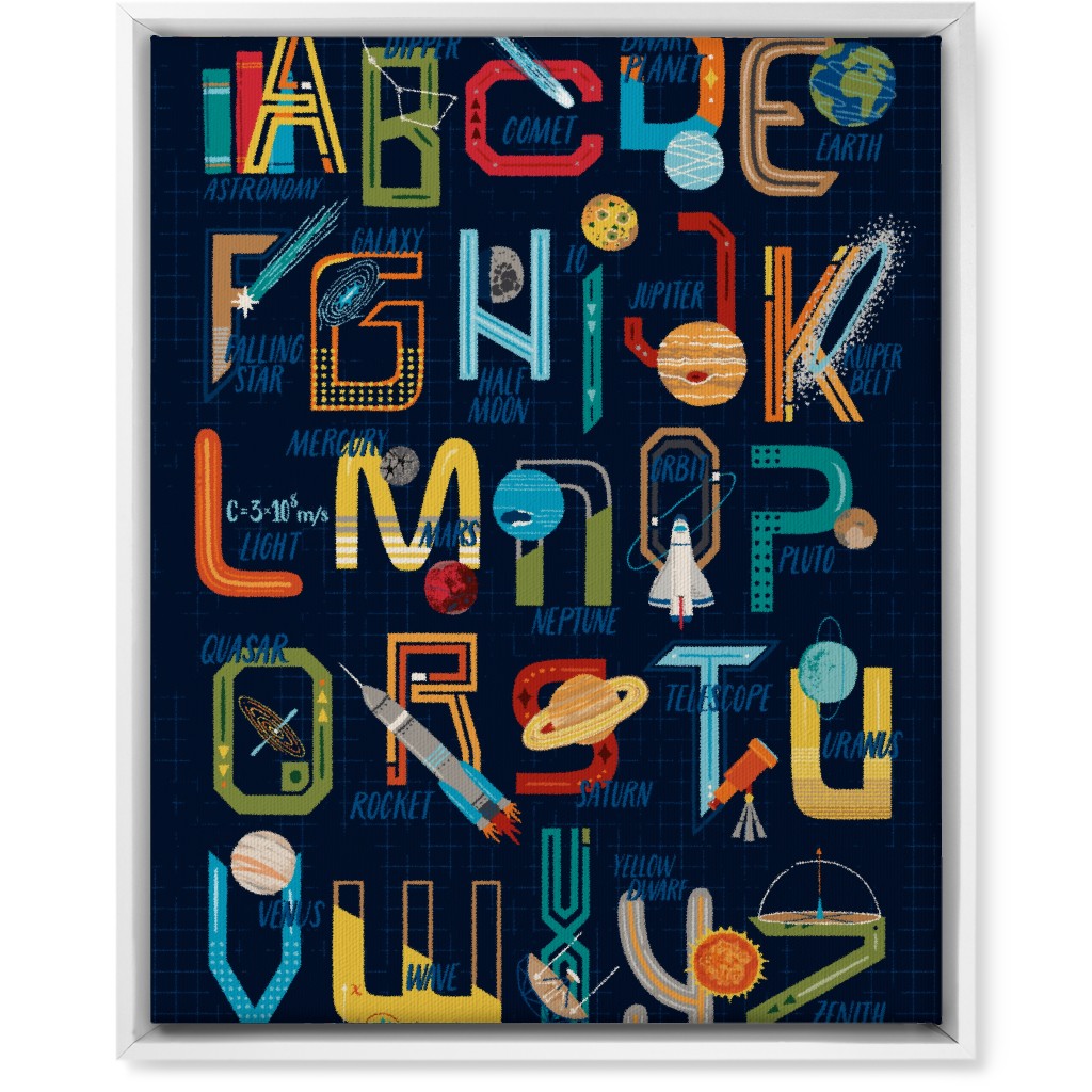 Outer Space Alphabet - Rocket, Planets, Science, Astronomy & Stem Wall Art, White, Single piece, Canvas, 16x20, Multicolor