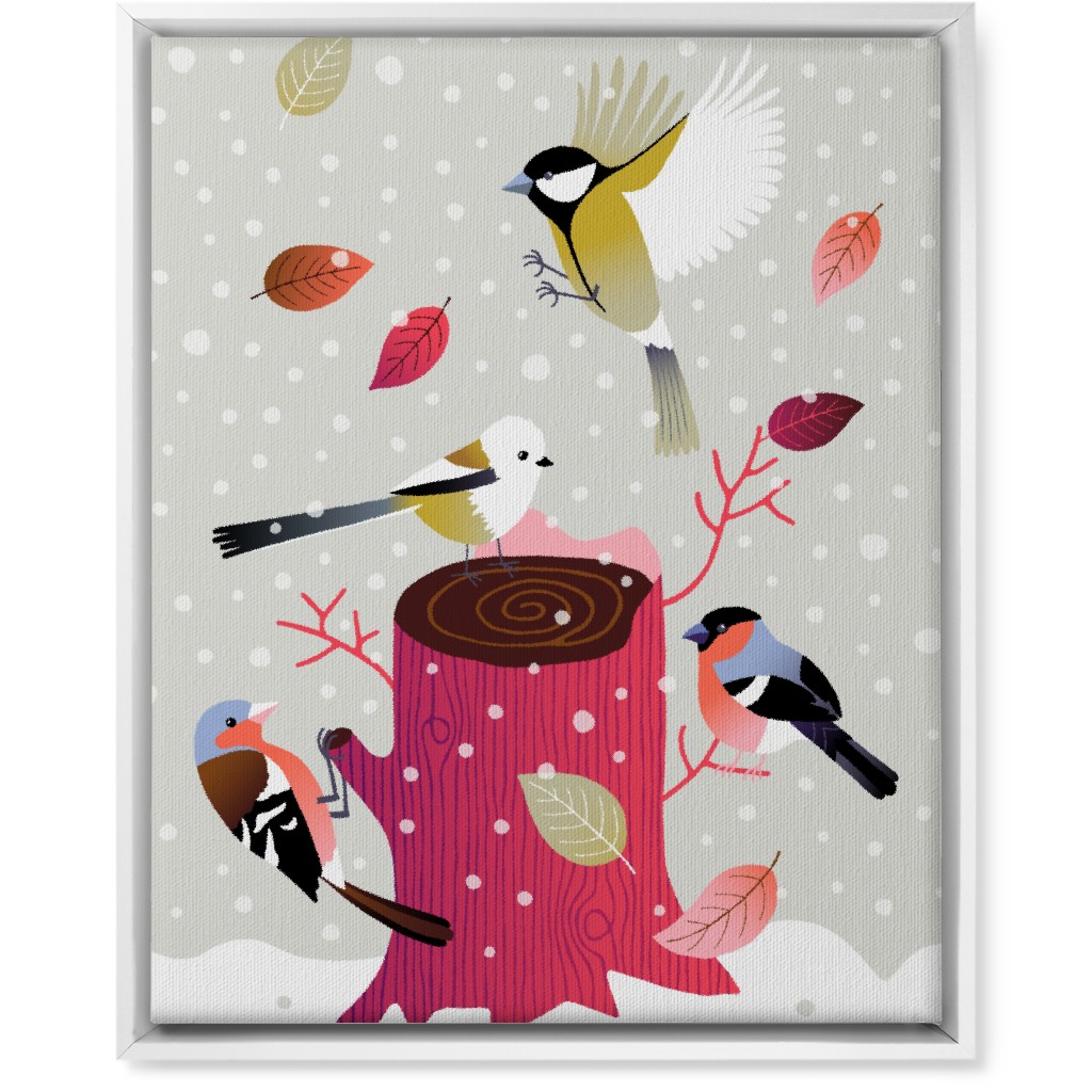 Winter Birds on Tree Stump - Red & Gray Wall Art, White, Single piece, Canvas, 16x20, Multicolor