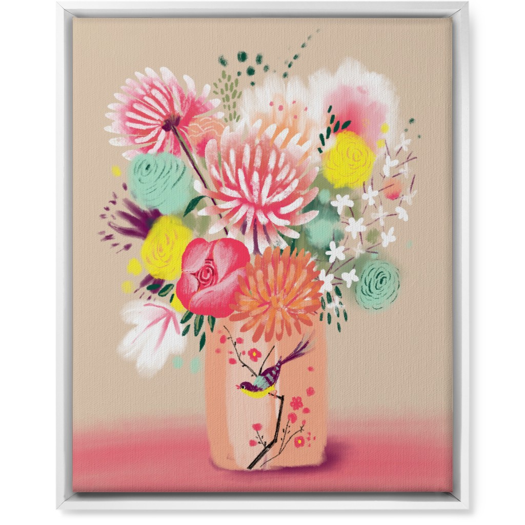 Bouquet in a Bird Vase Wall Art, White, Single piece, Canvas, 16x20, Pink