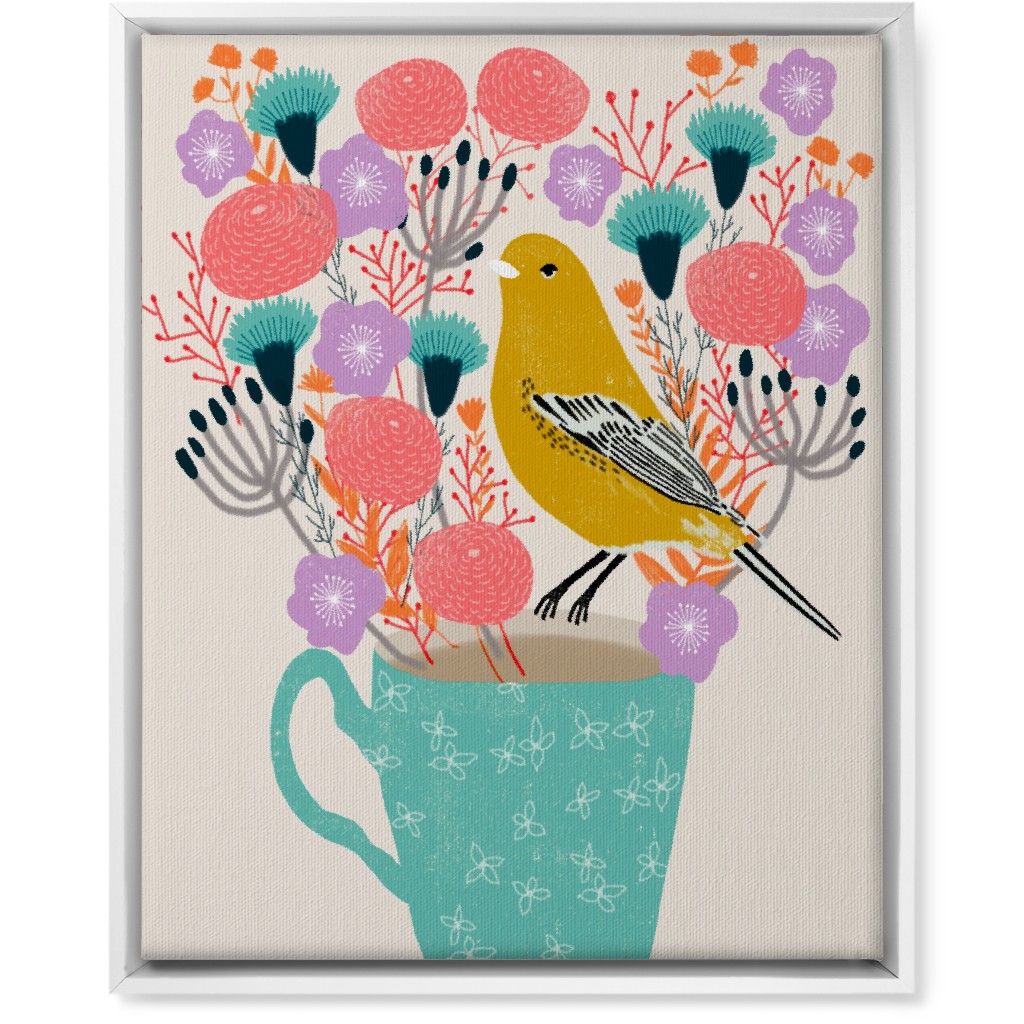 Yellow Bird on Teacup Bouquet Wall Art, White, Single piece, Canvas, 16x20, Multicolor