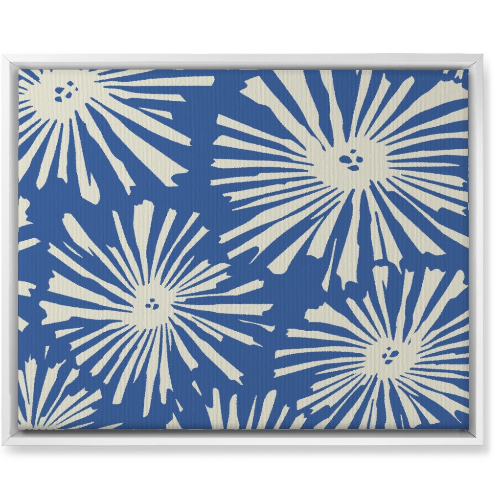 Cactus Blooms - Cream on Blue Wall Art, White, Single piece, Canvas, 16x20, Blue