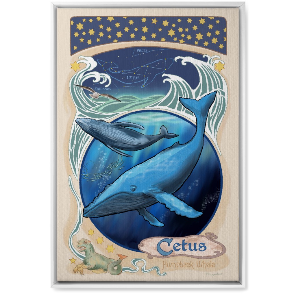 Art Nouveau Cetus the Humpback Whale Wall Art, White, Single piece, Canvas, 20x30, Blue