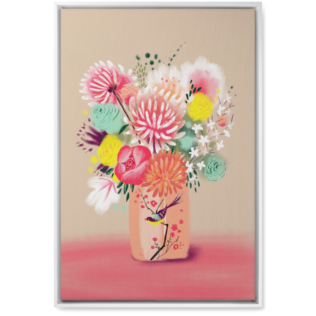 Bouquet in a Bird Vase Wall Art, White, Single piece, Canvas, 20x30, Pink