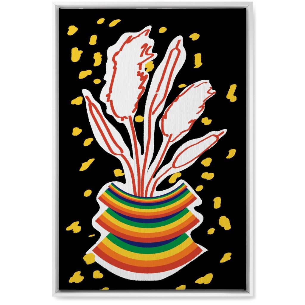 Retro Rainbow Abstract Floral in Vase - Multi on Black Wall Art, White, Single piece, Canvas, 20x30, Multicolor