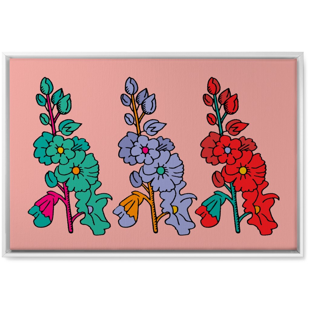 Row of Colorful Hollyhocks - Multi on Pink Wall Art, White, Single piece, Canvas, 20x30, Multicolor