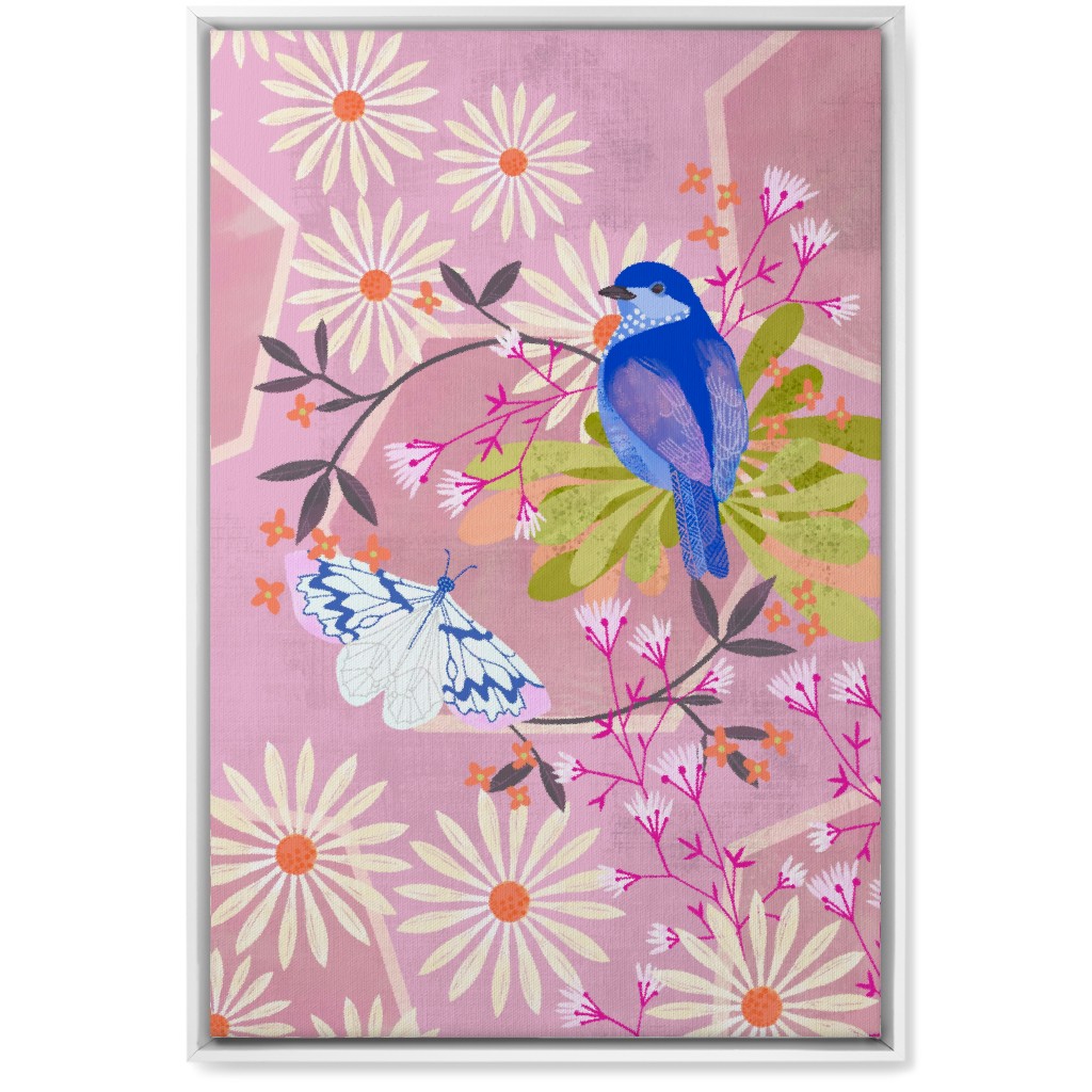 Birds and Butterfly - Pink Wall Art, White, Single piece, Canvas, 20x30, Pink, Bright Pink