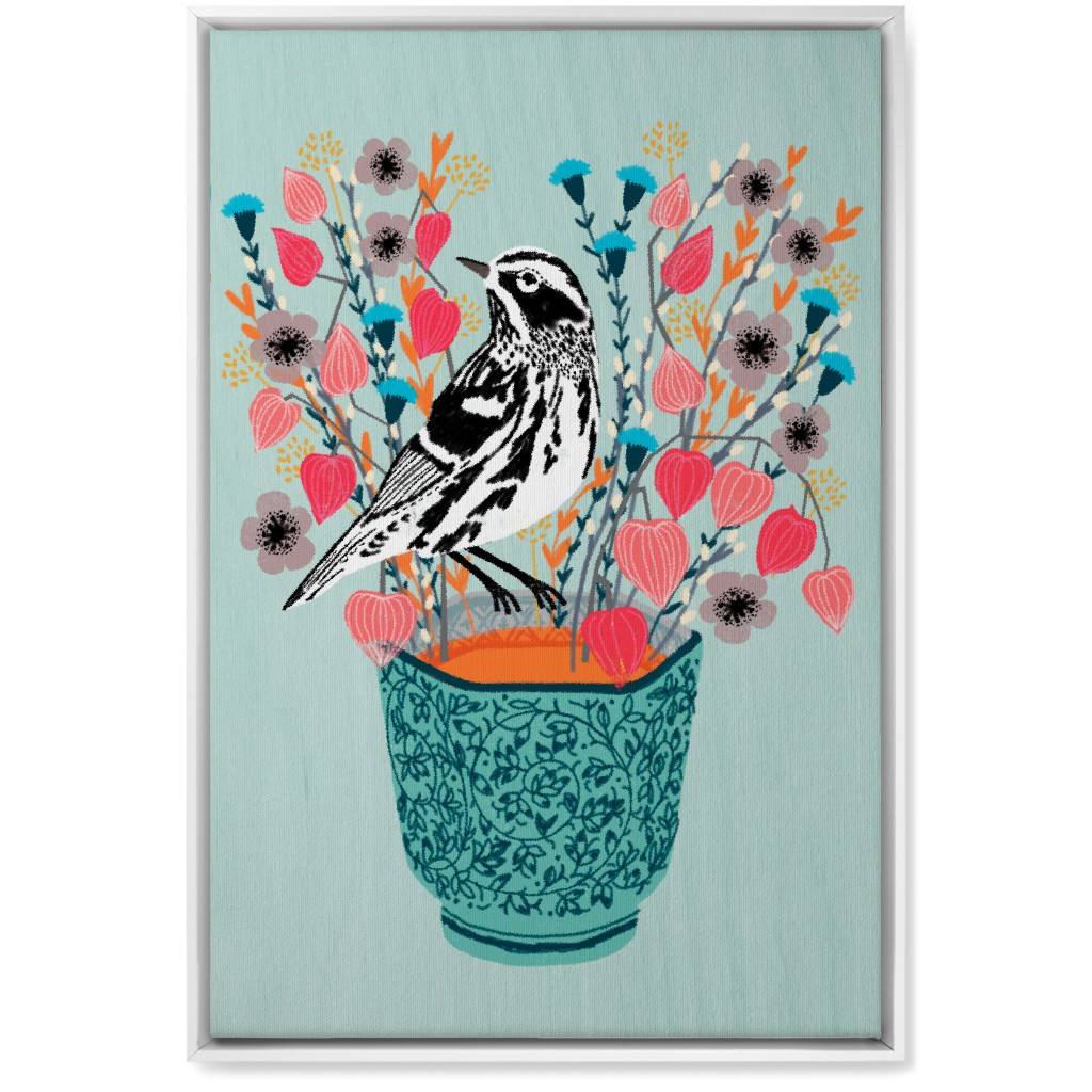Warbler Bird - Black & White on Blue Flower Pot Wall Art, White, Single piece, Canvas, 20x30, Multicolor