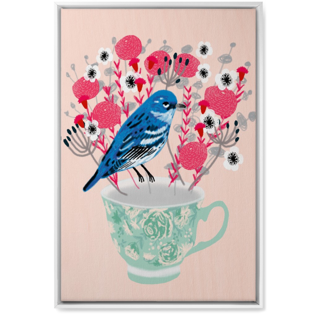 Blue Bird on Teacup Bouquet Wall Art, White, Single piece, Canvas, 20x30, Multicolor